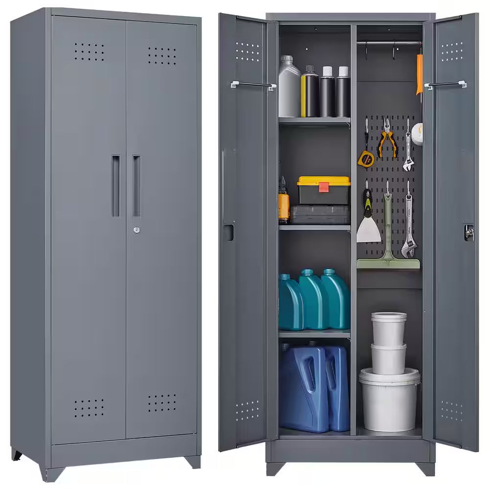 65 In.H Broom Storage Cabinet: Locking Doors, Hanging Rod in Grey