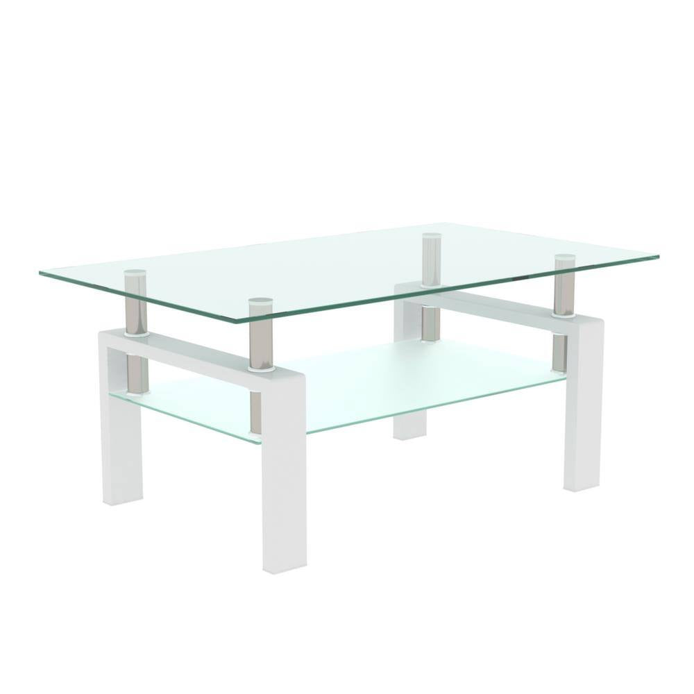 Rectangular Coffee Table/Tea Table, Metal Frame, 2-Tier Tempered Glass Shelves, for Living Room, , Waiting Room, White