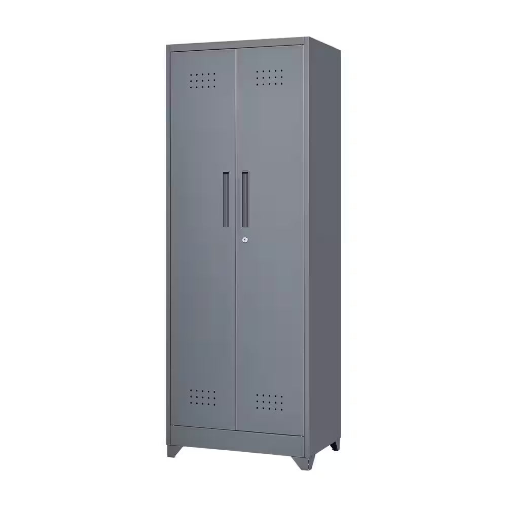 65 In.H Broom Storage Cabinet: Locking Doors, Hanging Rod in Grey