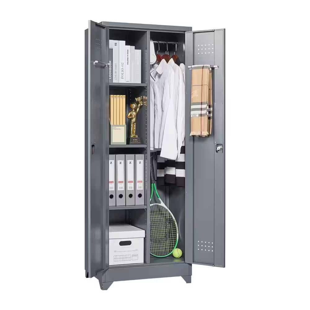 65 In.H Broom Storage Cabinet: Locking Doors, Hanging Rod in Grey