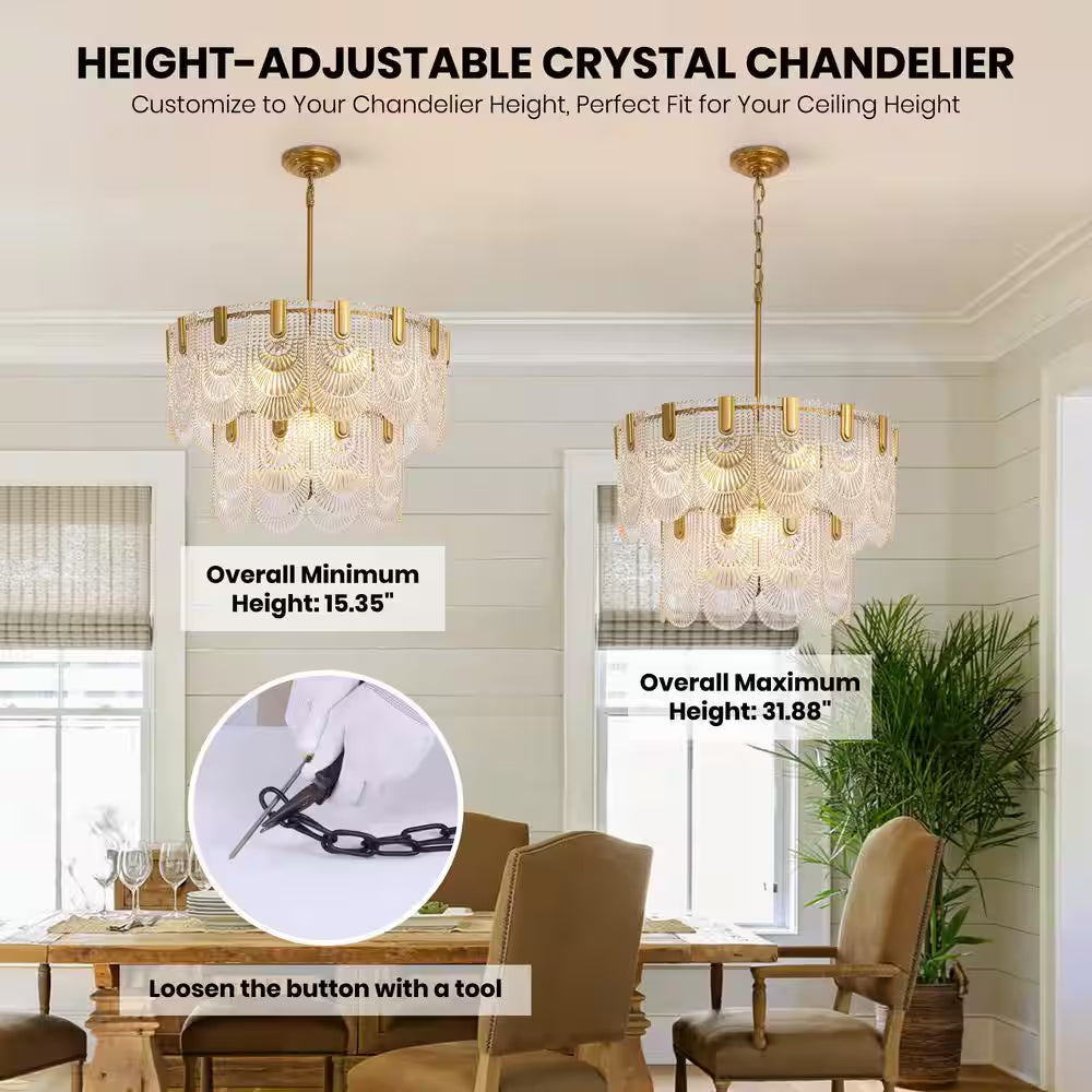 24 In. 9-Light Glass Modern Gold Chandelier for Dining Room and Living Room