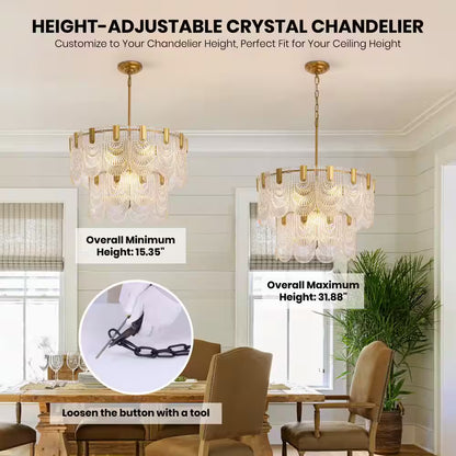 24 In. 9-Light Glass Modern Gold Chandelier for Dining Room and Living Room