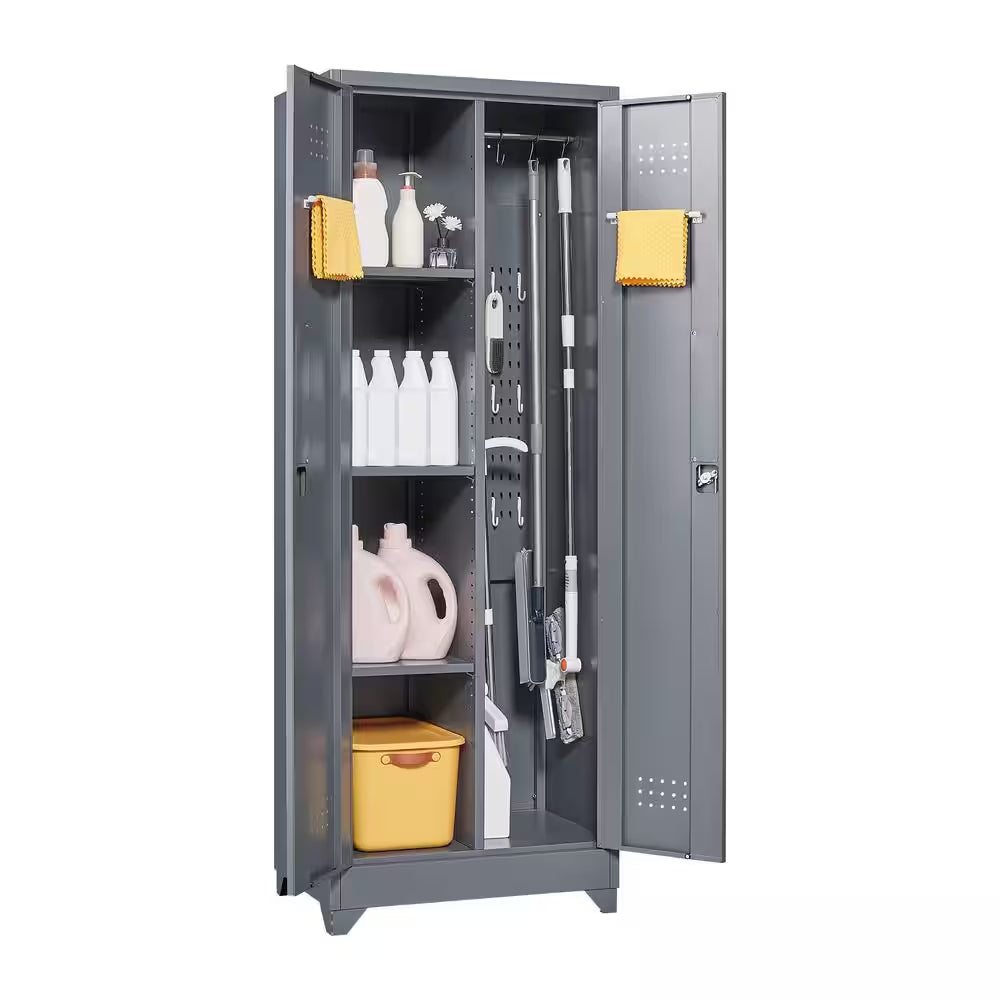 65 In.H Broom Storage Cabinet: Locking Doors, Hanging Rod in Grey