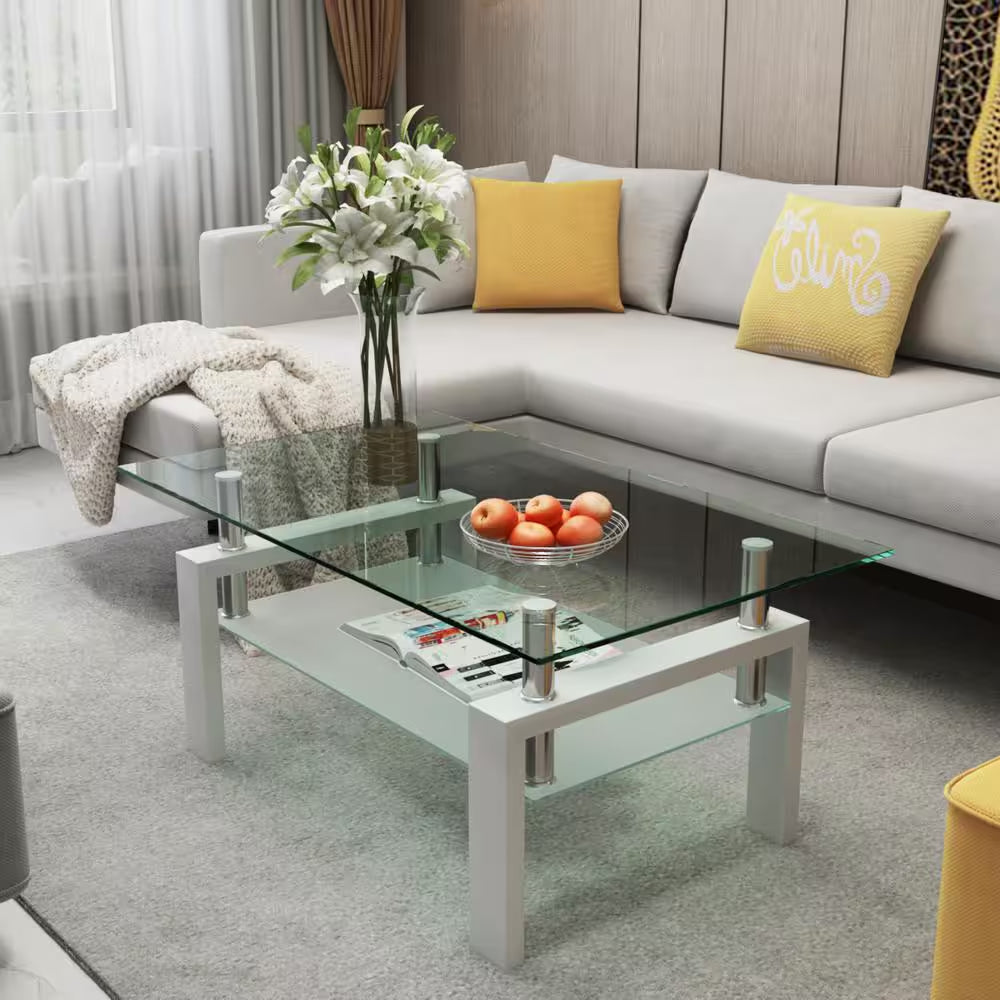 Rectangular Coffee Table/Tea Table, Metal Frame, 2-Tier Tempered Glass Shelves, for Living Room, , Waiting Room, White