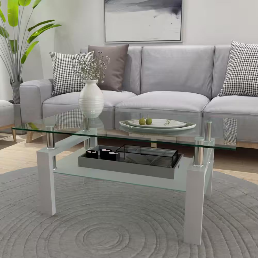 Rectangular Coffee Table/Tea Table, Metal Frame, 2-Tier Tempered Glass Shelves, for Living Room, , Waiting Room, White