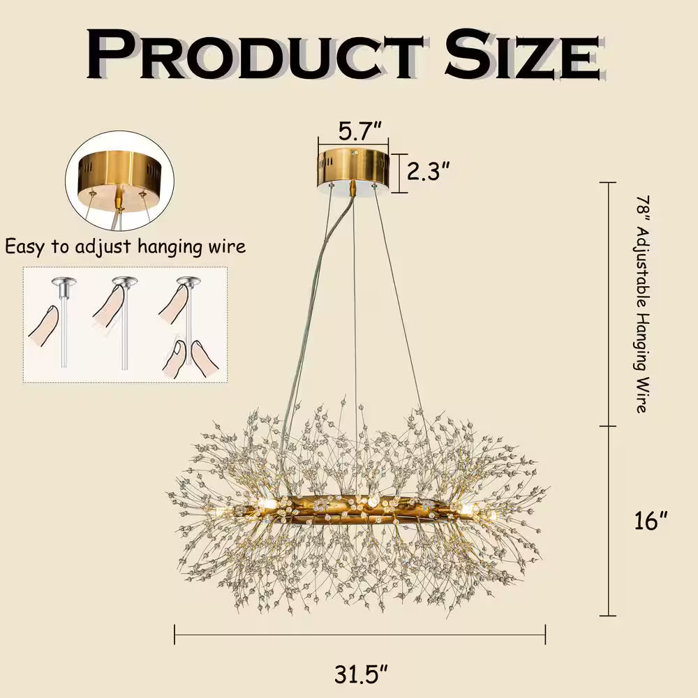 31.5 In. 8-Light Modern Glam Interior Antique Bronze Gold Firework Crystal Chandelier for Living Room and Dining Room