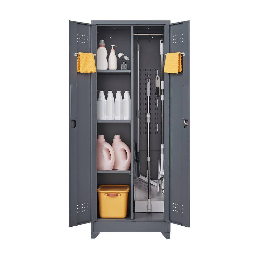 65 In.H Broom Storage Cabinet: Locking Doors, Hanging Rod in Grey