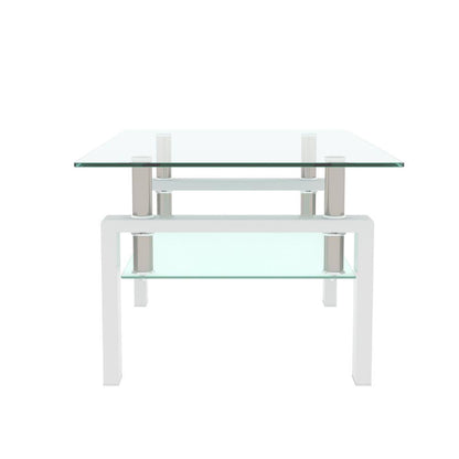 Rectangular Coffee Table/Tea Table, Metal Frame, 2-Tier Tempered Glass Shelves, for Living Room, , Waiting Room, White