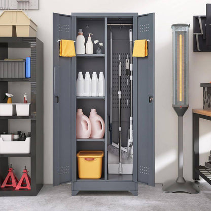 65 In.H Broom Storage Cabinet: Locking Doors, Hanging Rod in Grey