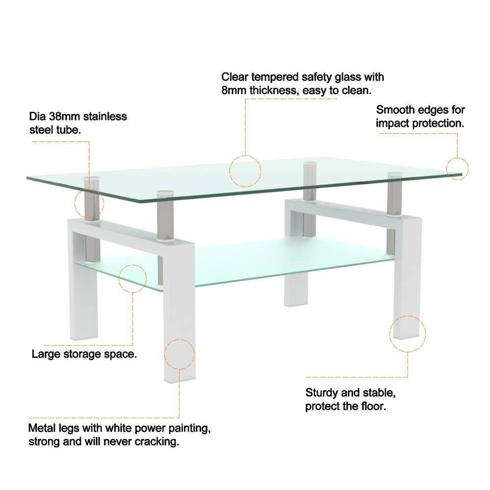 Rectangular Coffee Table/Tea Table, Metal Frame, 2-Tier Tempered Glass Shelves, for Living Room, , Waiting Room, White