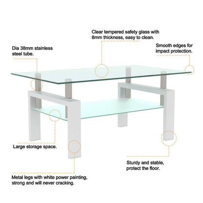Rectangular Coffee Table/Tea Table, Metal Frame, 2-Tier Tempered Glass Shelves, for Living Room, , Waiting Room, White