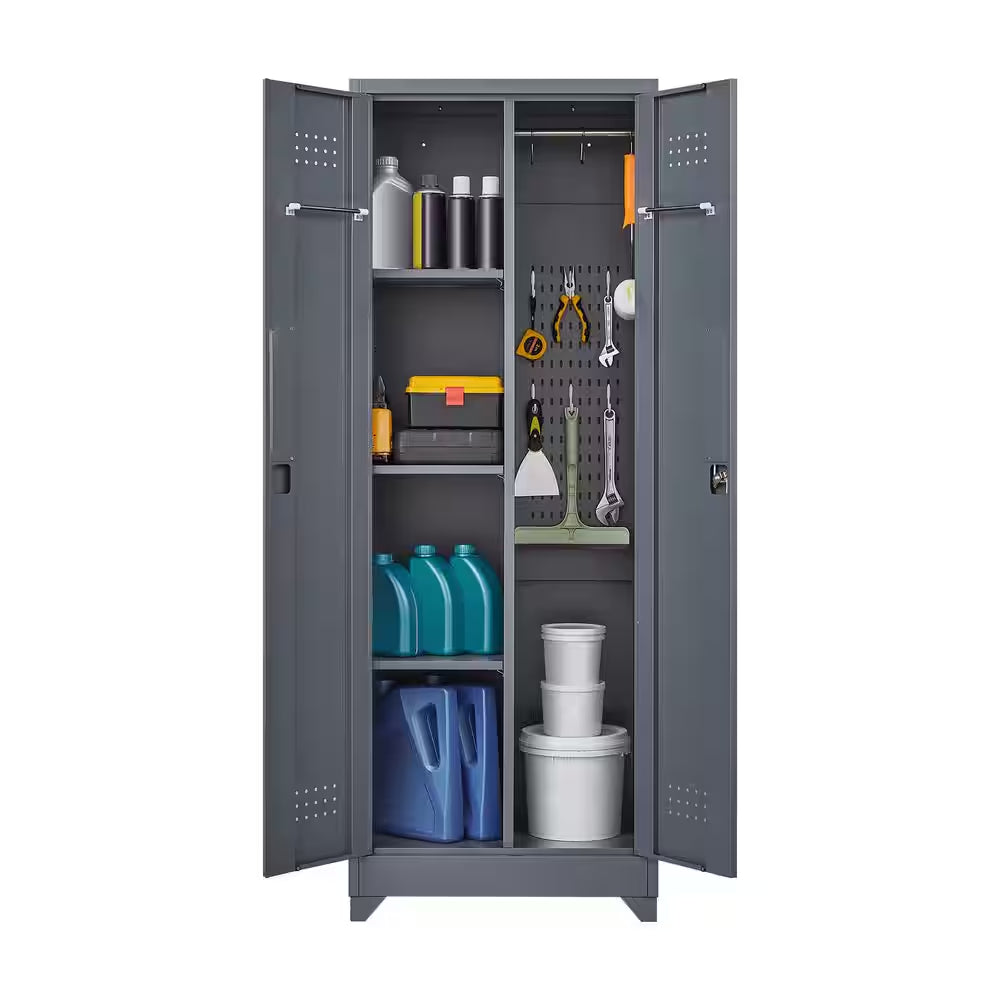 65 In.H Broom Storage Cabinet: Locking Doors, Hanging Rod in Grey