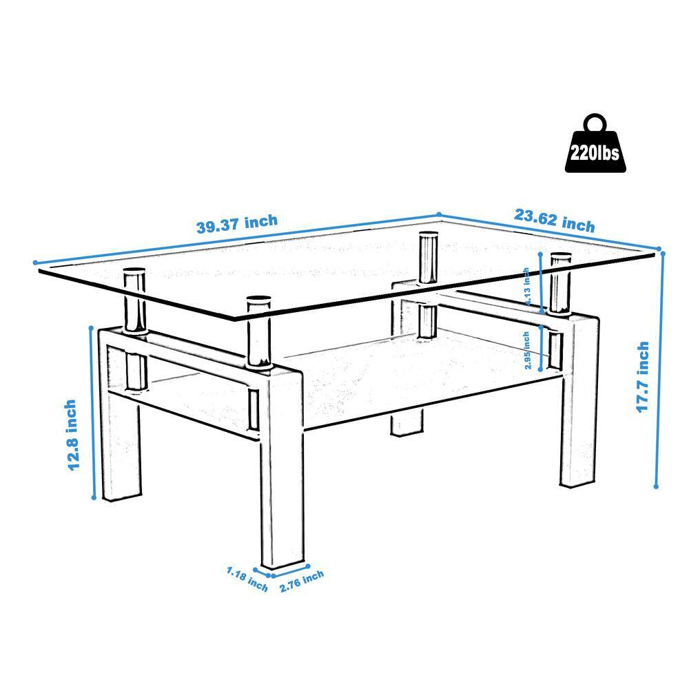 Rectangular Coffee Table/Tea Table, Metal Frame, 2-Tier Tempered Glass Shelves, for Living Room, , Waiting Room, White