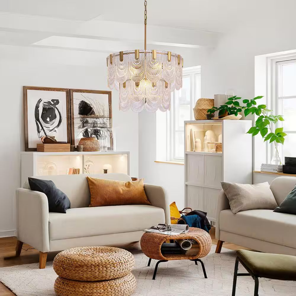24 In. 9-Light Glass Modern Gold Chandelier for Dining Room and Living Room