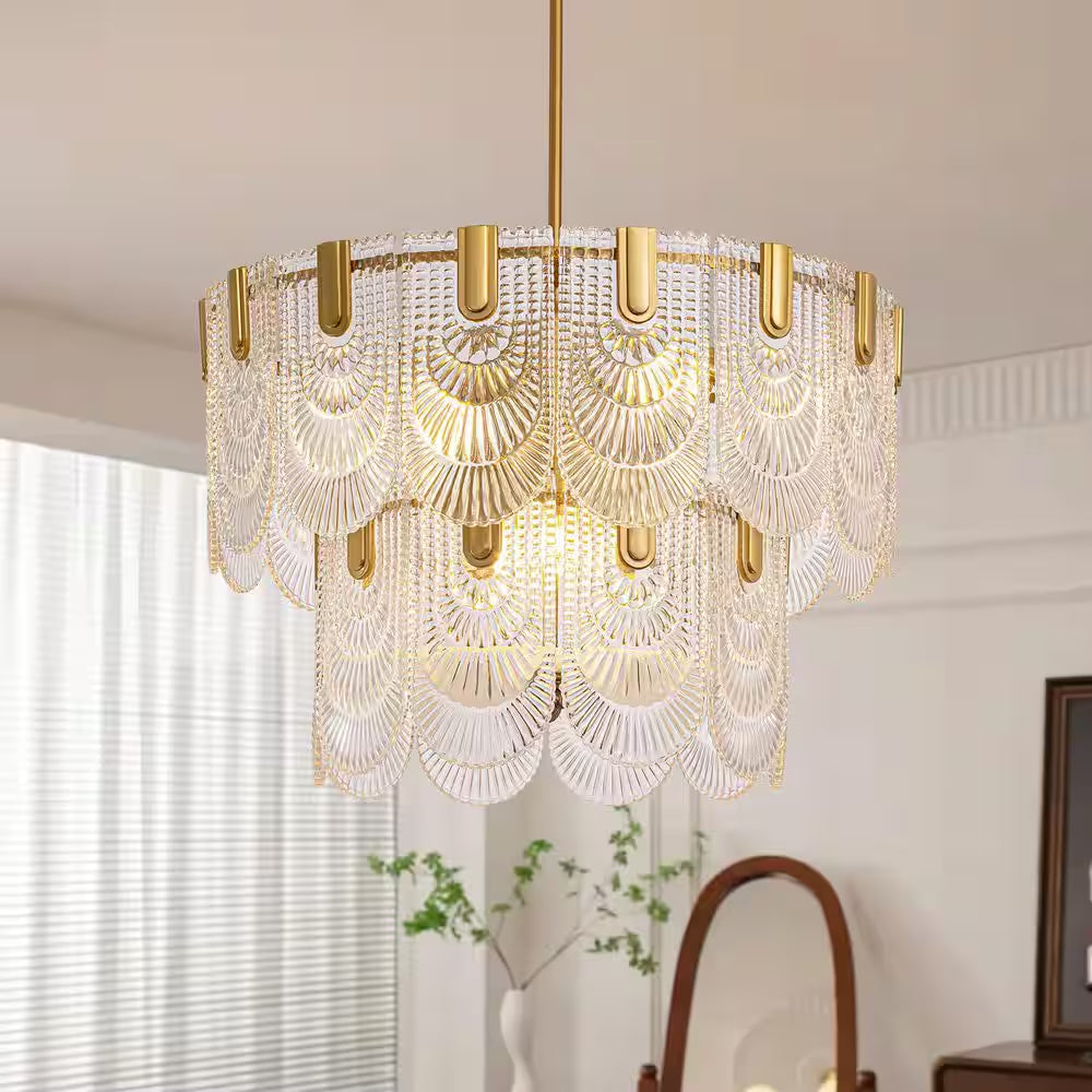 24 In. 9-Light Glass Modern Gold Chandelier for Dining Room and Living Room