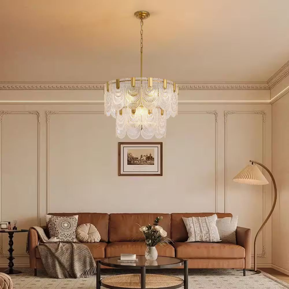 24 In. 9-Light Glass Modern Gold Chandelier for Dining Room and Living Room